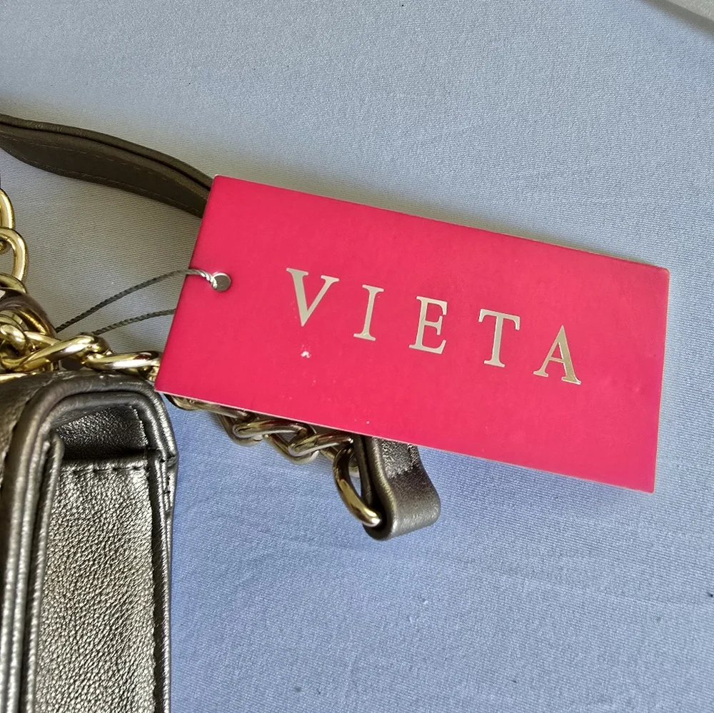 NEW VIETA Grey Purse Quilted Crossbody Bag Gold Chain Shoulder Pocketbook NWT